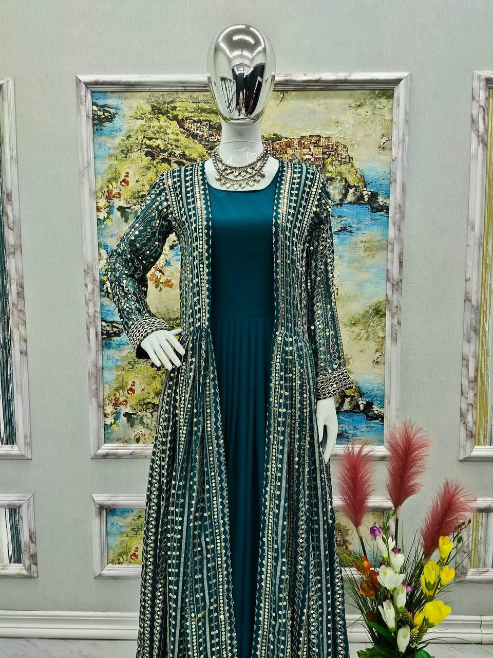 Teal Green Georgette Embroidery Salwar Suit with Dupatta - Indiakreations