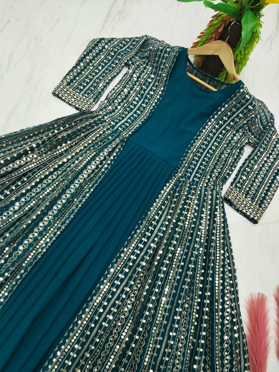 Teal Green Georgette Embroidery Salwar Suit with Dupatta - Indiakreations