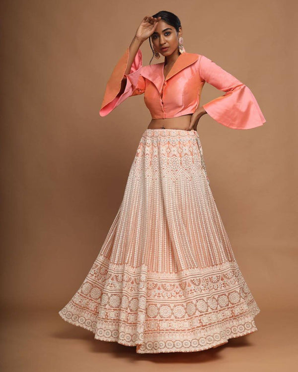 Peach Net Embroidery Lehenga Choli