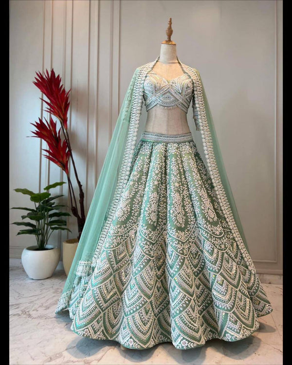 Mint Green Tafeta Silk Embroidery Lehenga Choli