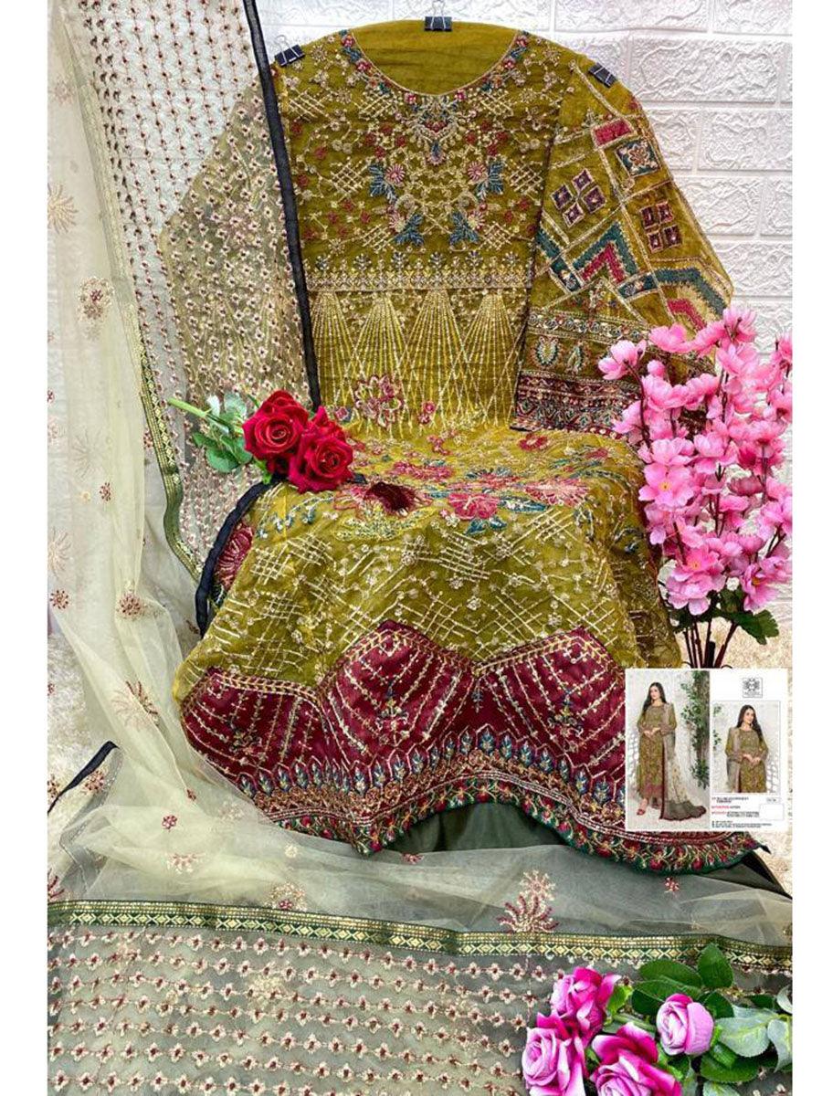 Olive Green Floral Butterfly Net Embroidery Anarkali with Dupatta Set - Indiakreations