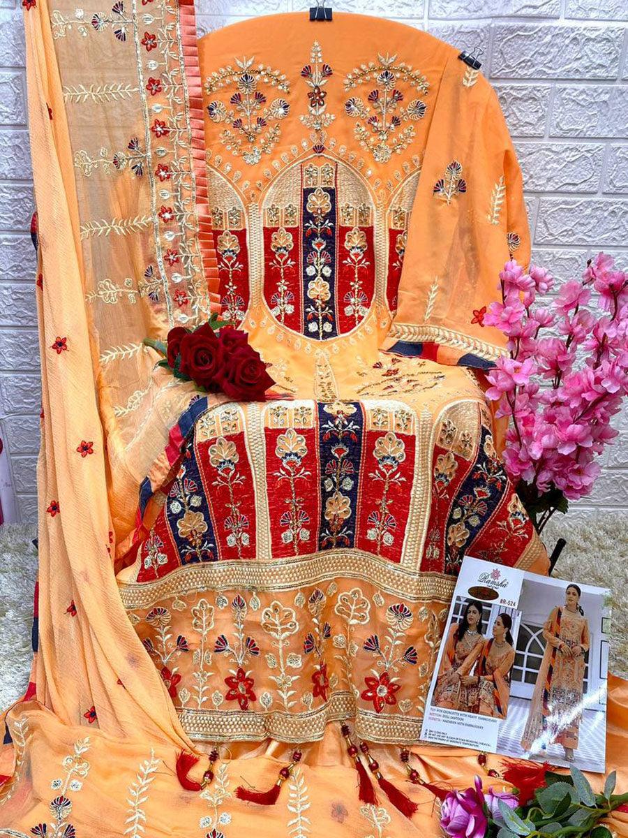 Pastel Orange Georgette Embroidery Anarkali with Dupatta Set - Indiakreations