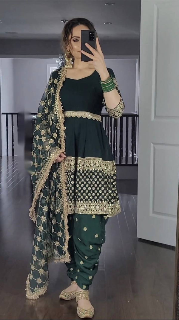 Bottel Green Georgette Embroidery Salwar Suit With Dupatta Set