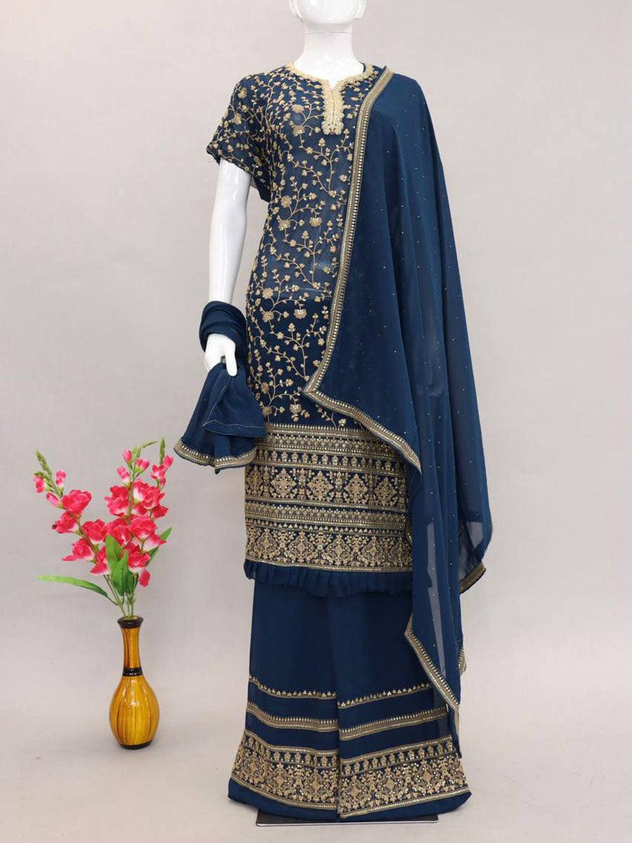 Dark Teal Georgette Embroidery Anarkali with Dupatta Set - Indiakreations