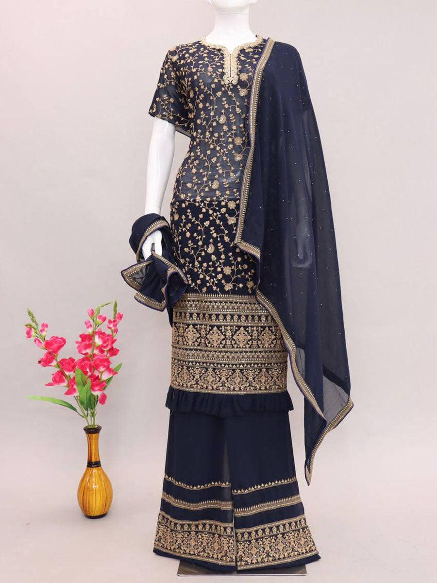 Navy Blue Georgette Embroidery Anarkali with Dupatta Set - Indiakreations