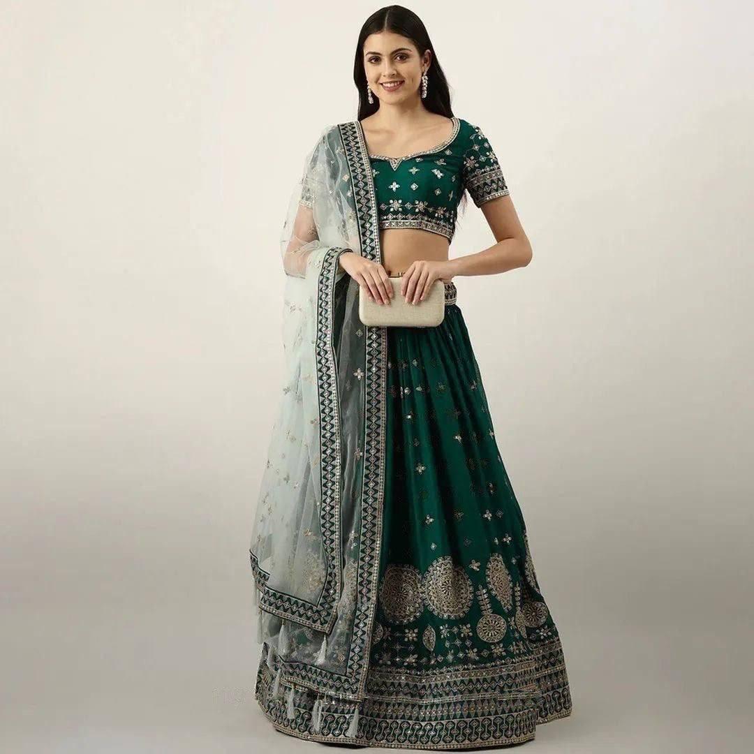 Forest Green Georgette Embroidery Lehenga Choli with Dupatta - Indiakreations