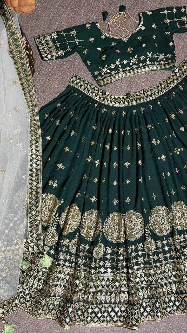 Forest Green Georgette Embroidery Lehenga Choli with Dupatta - Indiakreations