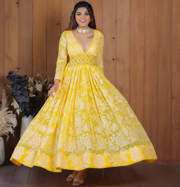 Yellow Floral Georgette Embroidery Gown With Dupatta Set