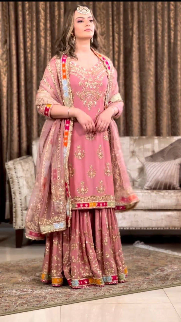 Baby Pink Georgette Embroidery Salwar Suit With Dupatta Set