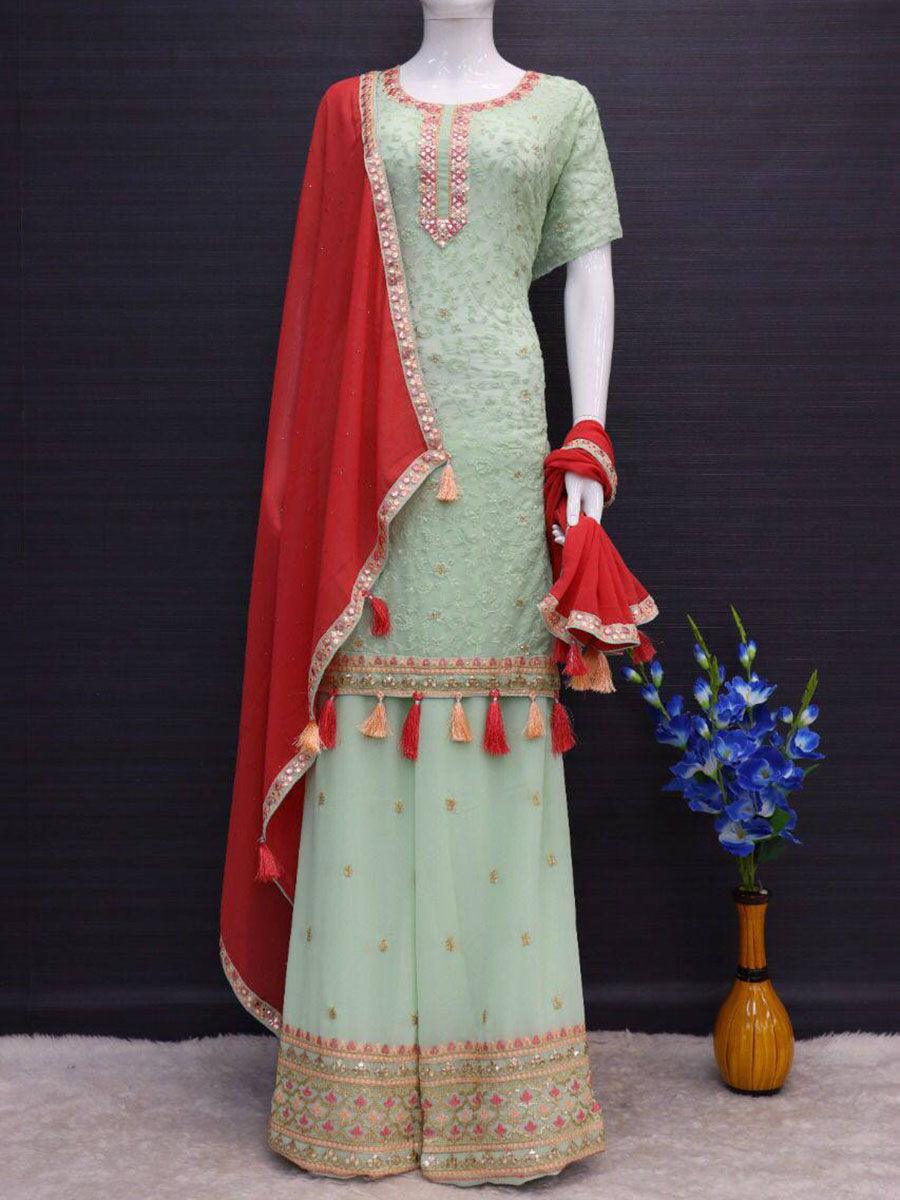 Pistachio Green Georgette Embroidery Anarkali with Dupatta Set - Indiakreations