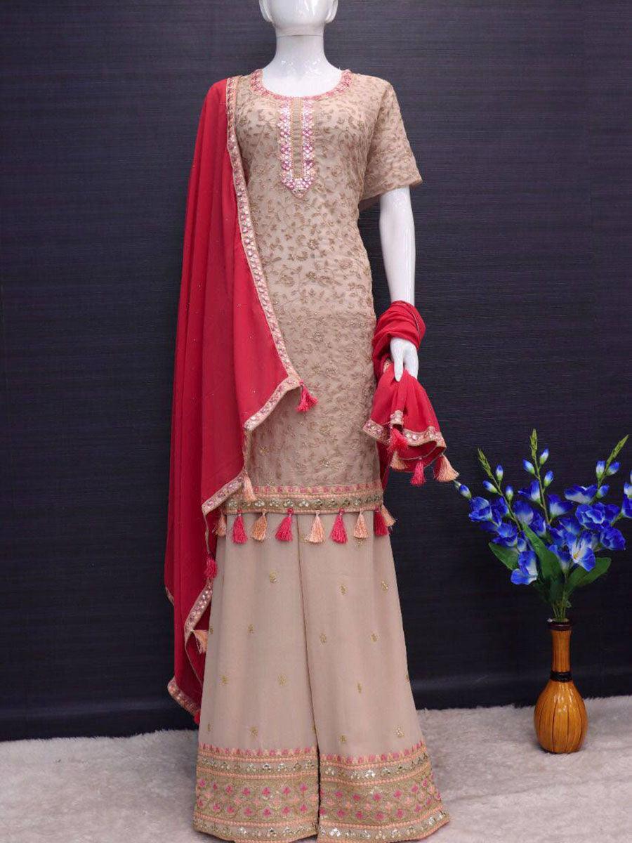 Pastel Brown Georgette Embroidery Anarkali with Dupatta Set - Indiakreations