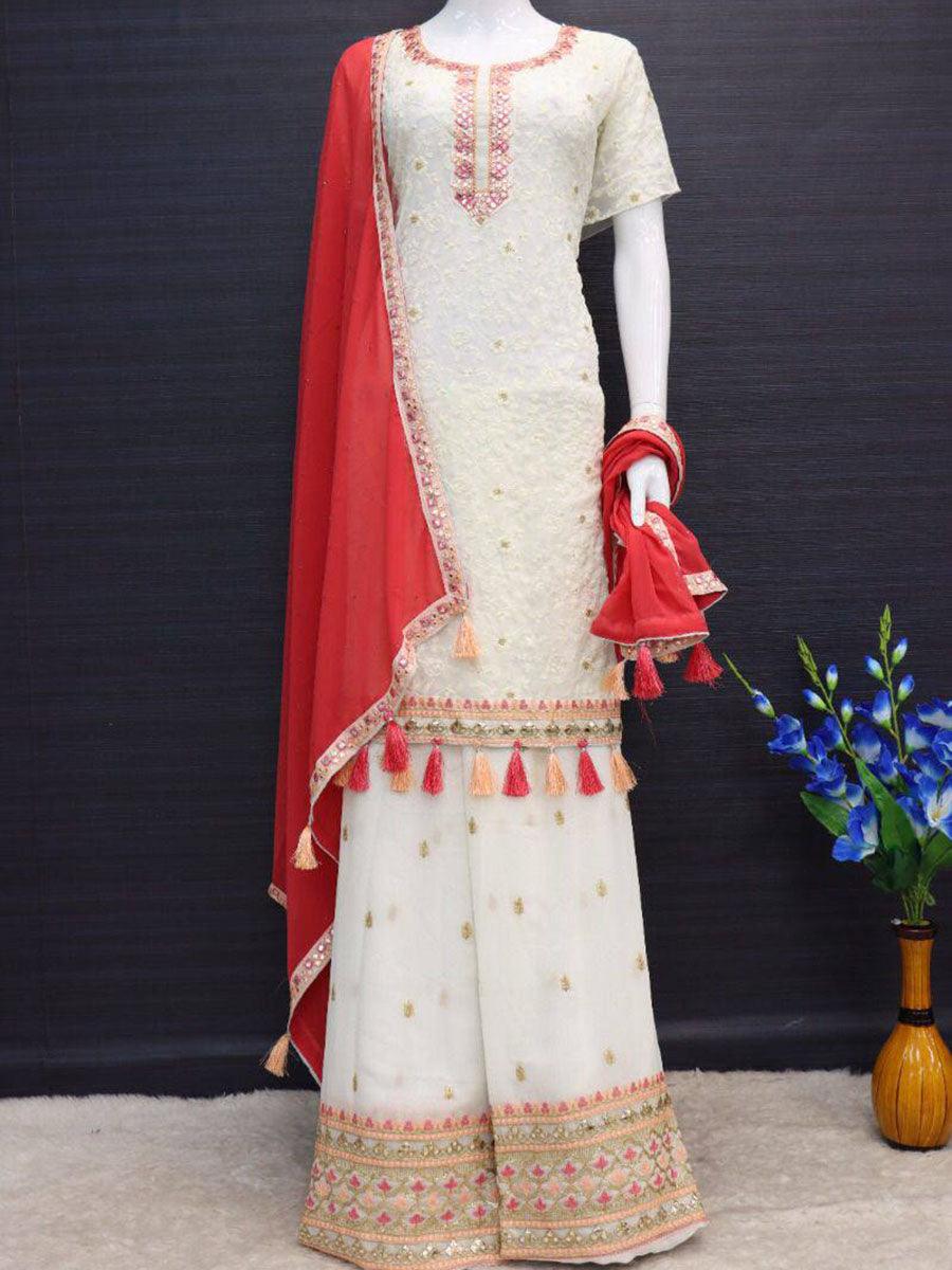 Ivory White Georgette Embroidery Anarkali with Dupatta Set - Indiakreations