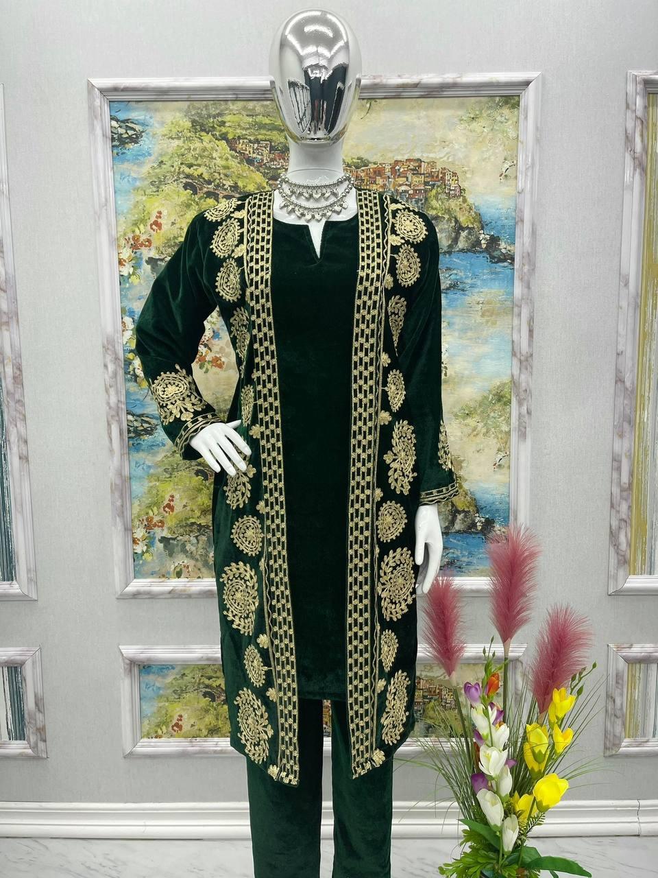 Forest Green Velvet Embroidery Salwar Suit with Dupatta - Indiakreations