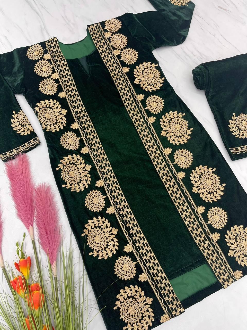 Forest Green Velvet Embroidery Salwar Suit with Dupatta - Indiakreations