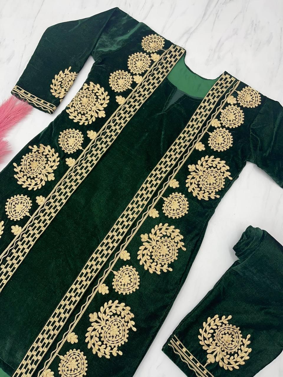 Forest Green Velvet Embroidery Salwar Suit with Dupatta - Indiakreations