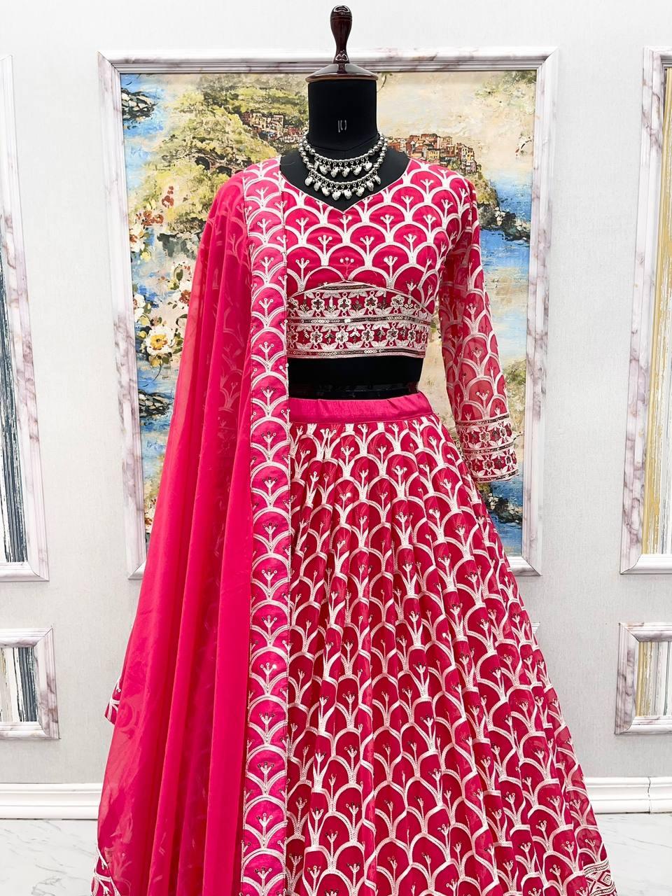 Pink Georgette Embroidery Lehenga Choli with Dupatta - Indiakreations