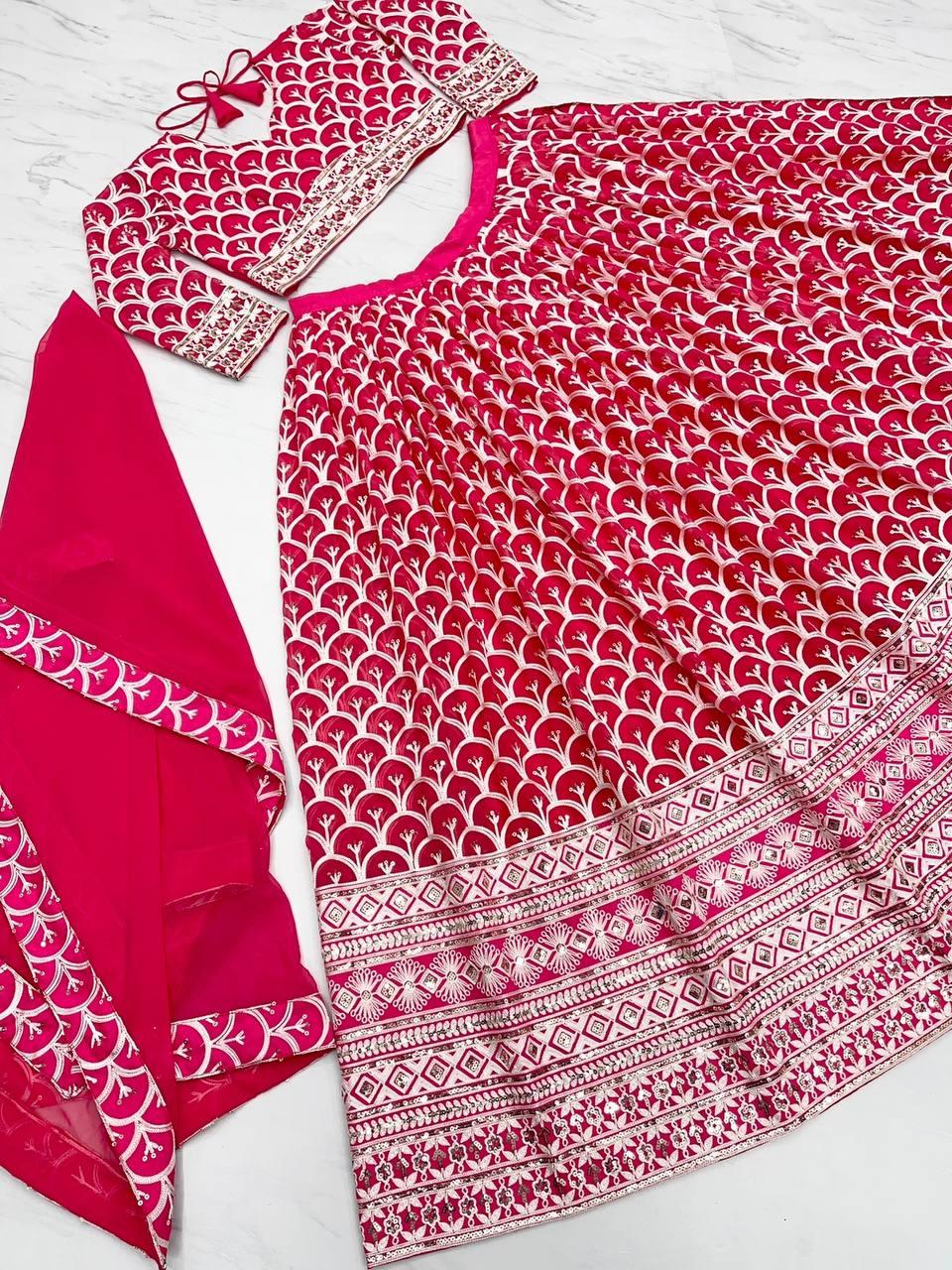 Pink Georgette Embroidery Lehenga Choli with Dupatta - Indiakreations