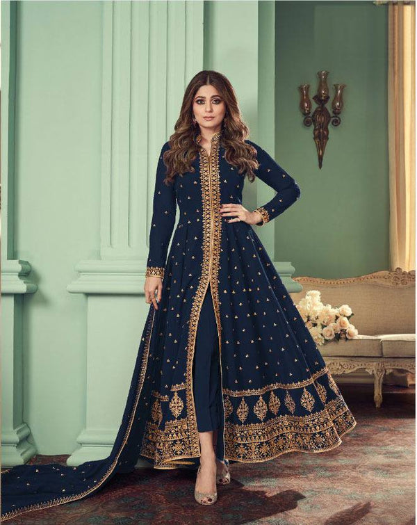 Dark Blue Georgette Embroidery Anarkali With Dupatta Set