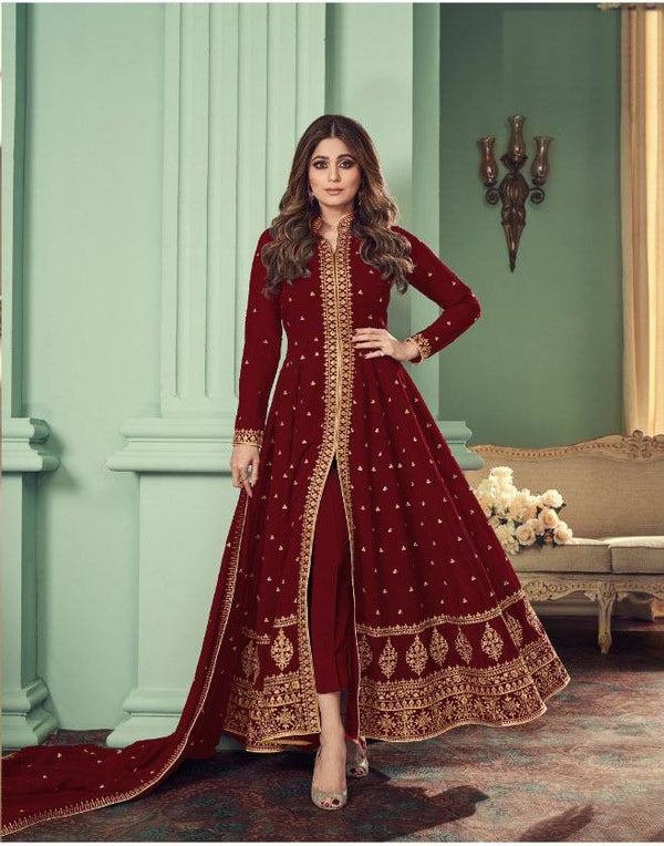 Red Georgette Embroidery Anarkali With Dupatta Set