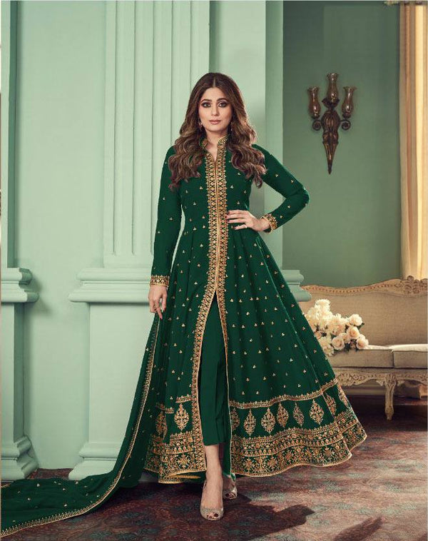 Green Georgette Embroidery Anarkali With Dupatta Set