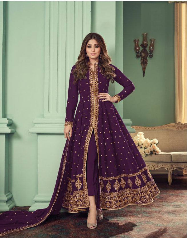 Violet Georgette Embroidery Anarkali With Dupatta Set