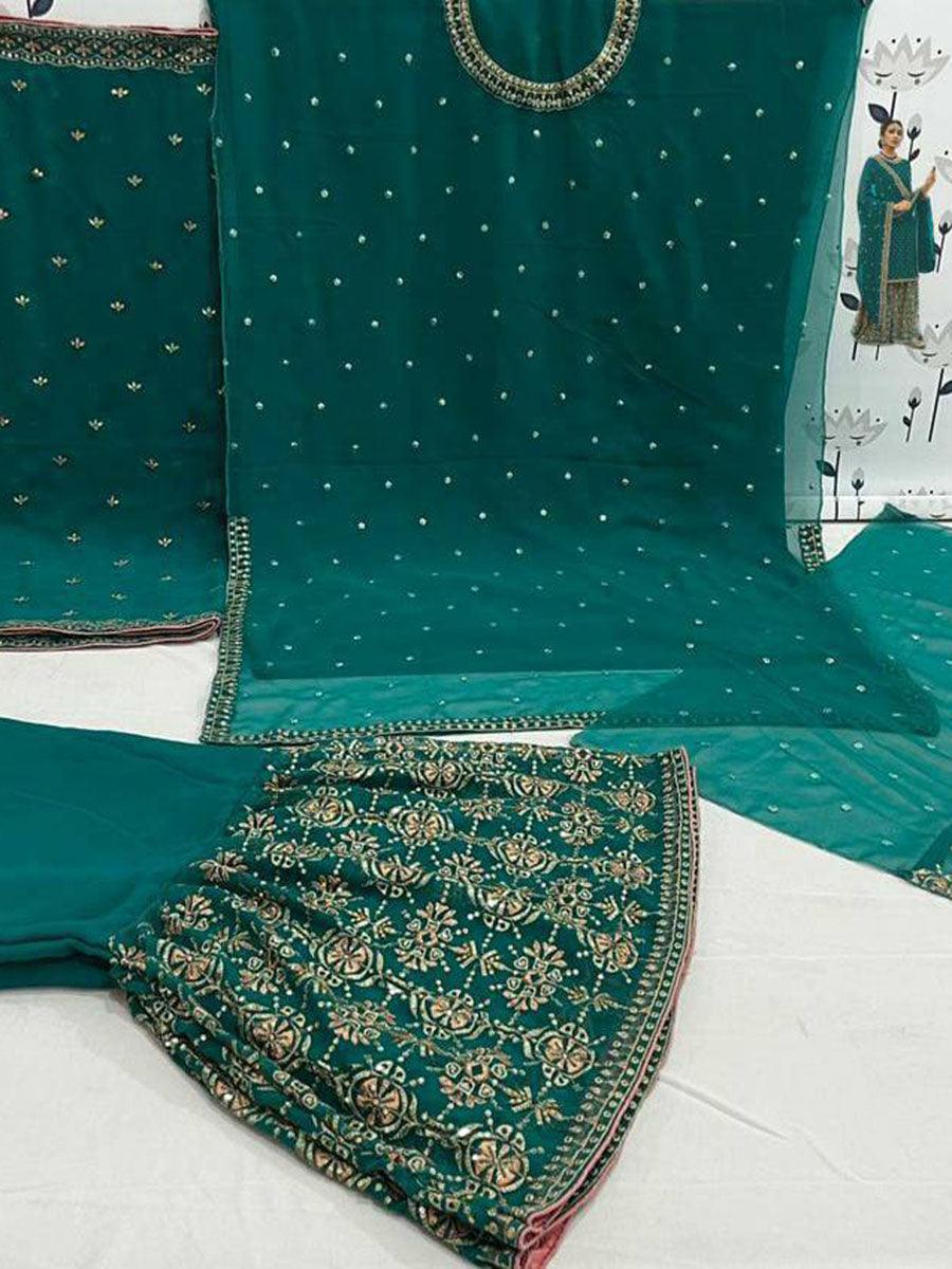 Peacock Green Georgette Embroidery Anarkali with Dupatta Set - Indiakreations