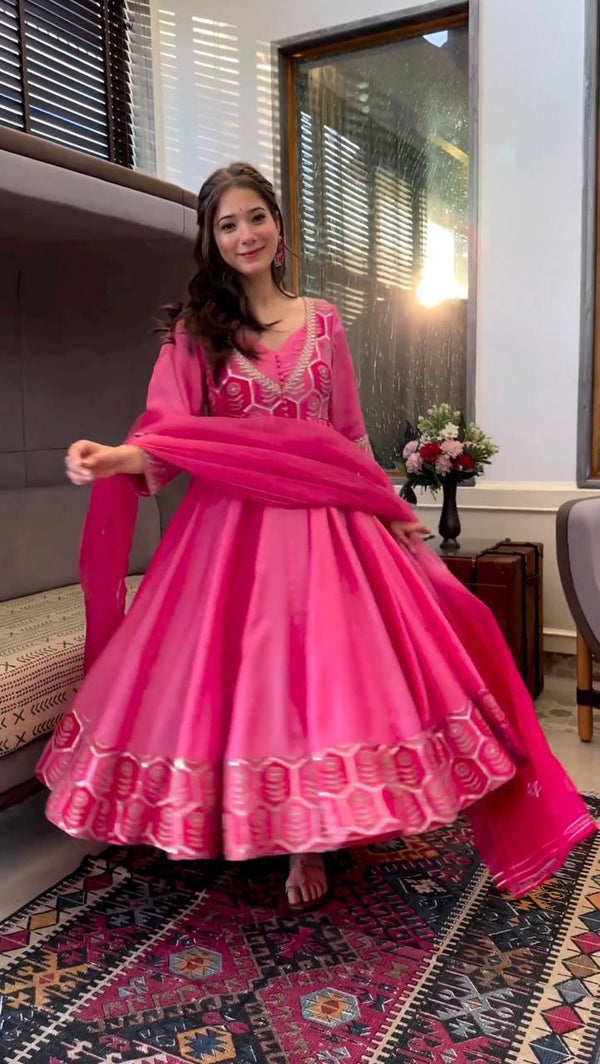 Deep Pink Georgette Embroidery Gown With Dupatta Set