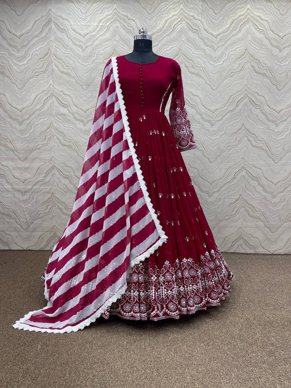 Red Georgette Embroidery Gown With Dupatta Set