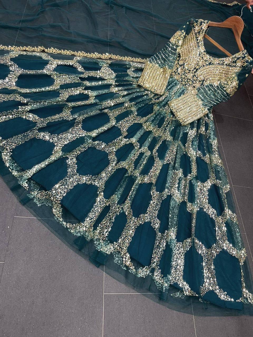 Teal Green Net Embroidery Salwar Suit with Dupatta - Indiakreations