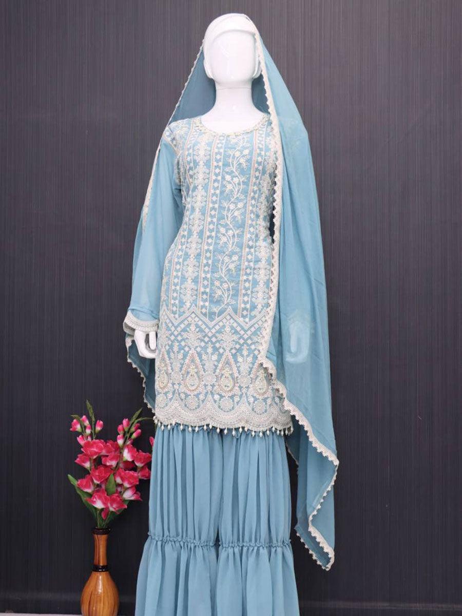 Blue Georgette Embroidery Anarkali with Dupatta Set - Indiakreations