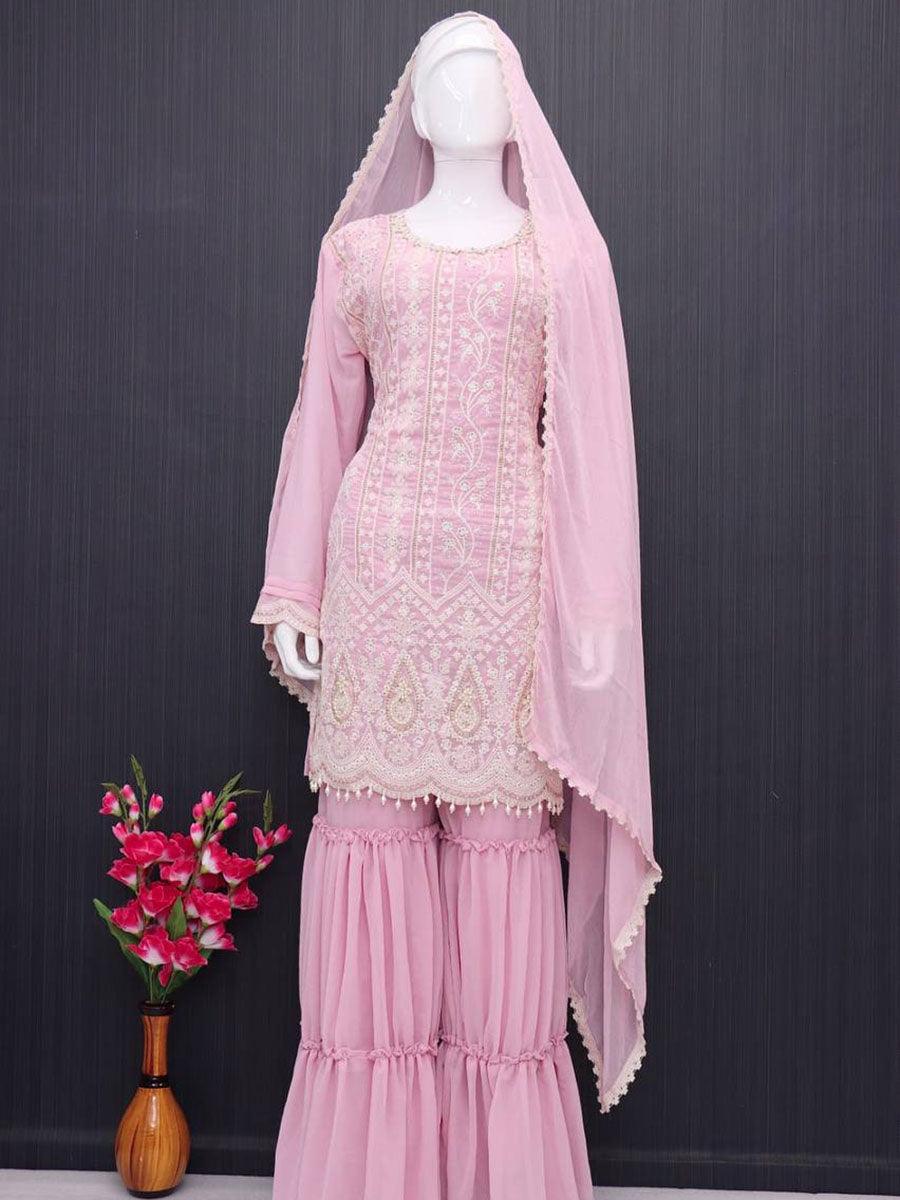 Pink Georgette Embroidery Anarkali with Dupatta Set - Indiakreations