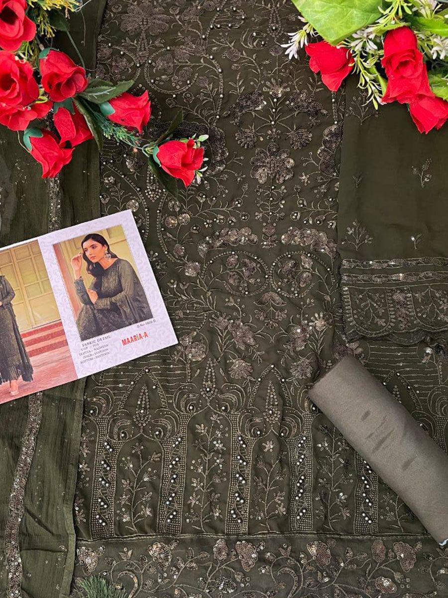 Army Green Georgette Embroidery Anarkali with Dupatta Set - Indiakreations