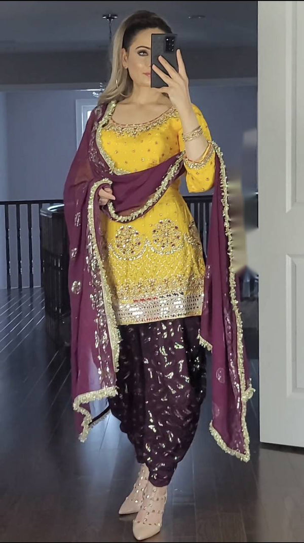 Yellow And Maroon Georgette Embroidery Salwar Suit With Dupatta Set