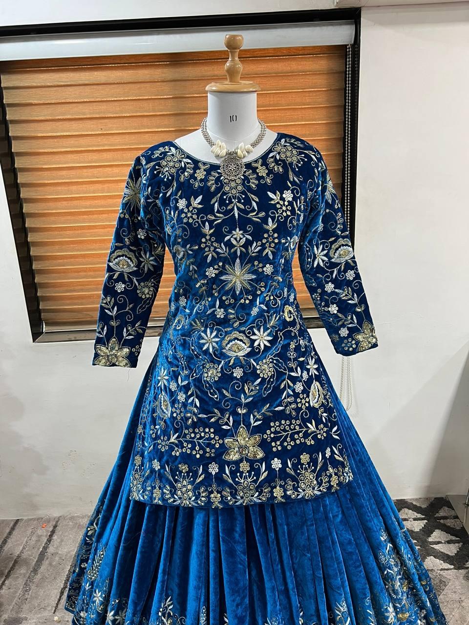 Blue Velvet Embroidery Lehenga Choli with Dupatta - Indiakreations