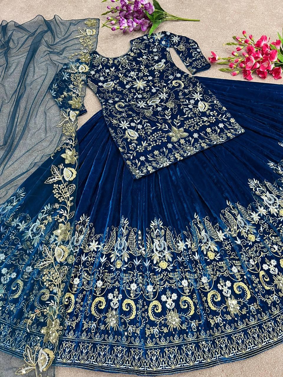 Blue Velvet Embroidery Lehenga Choli with Dupatta - Indiakreations