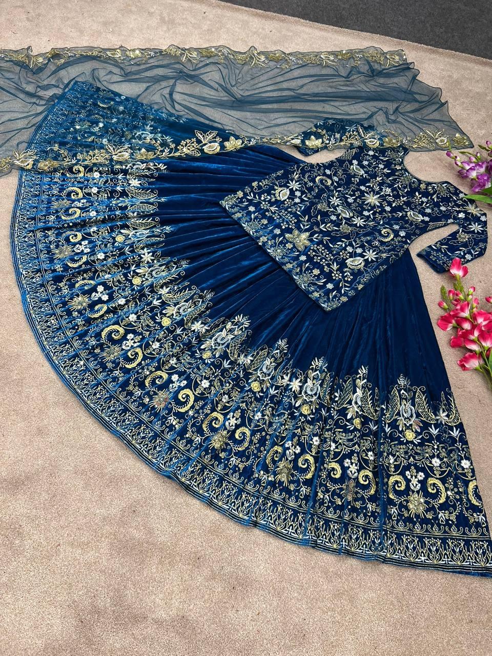 Blue Velvet Embroidery Lehenga Choli with Dupatta - Indiakreations