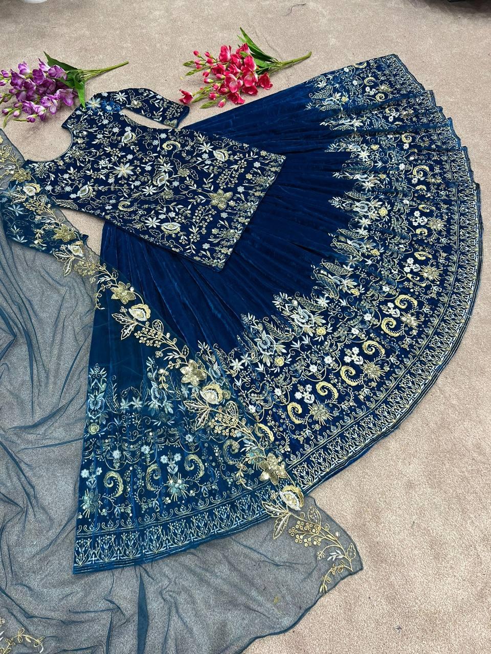 Blue Velvet Embroidery Lehenga Choli with Dupatta - Indiakreations