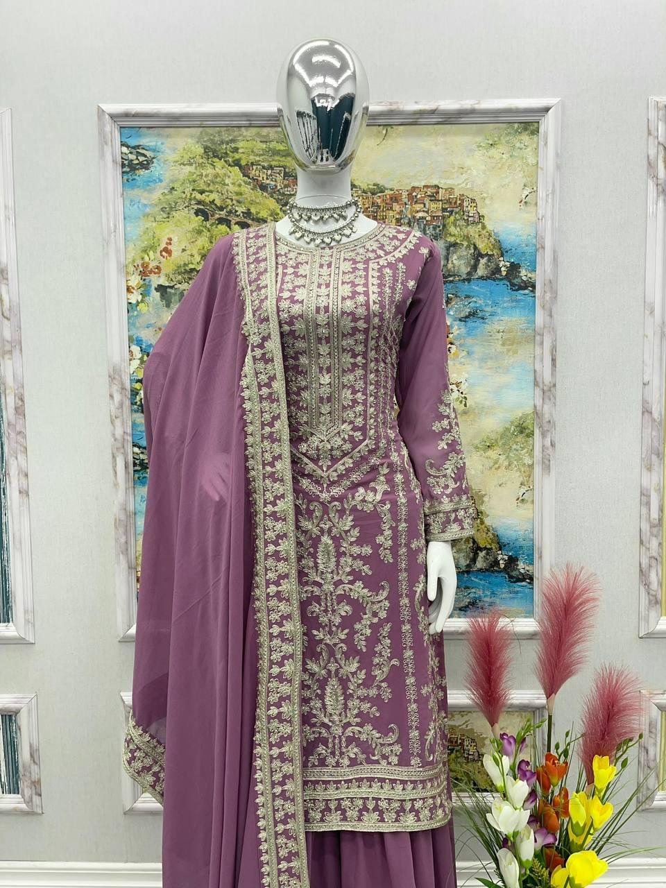 Purple Georgette Embroidery Salwar Suit with Dupatta - Indiakreations