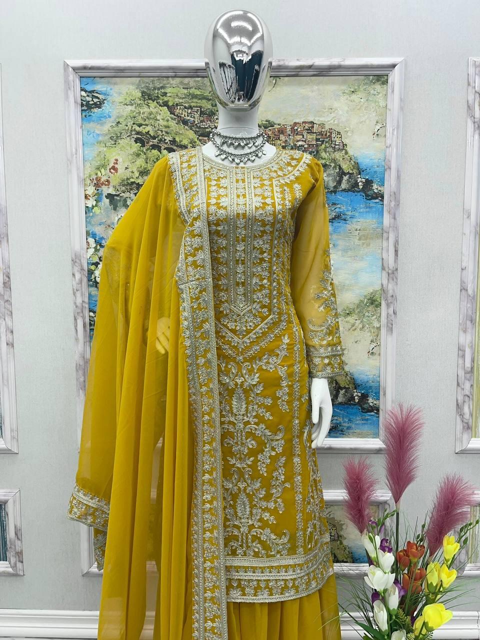 Yellow Georgette Embroidery Salwar Suit with Dupatta - Indiakreations