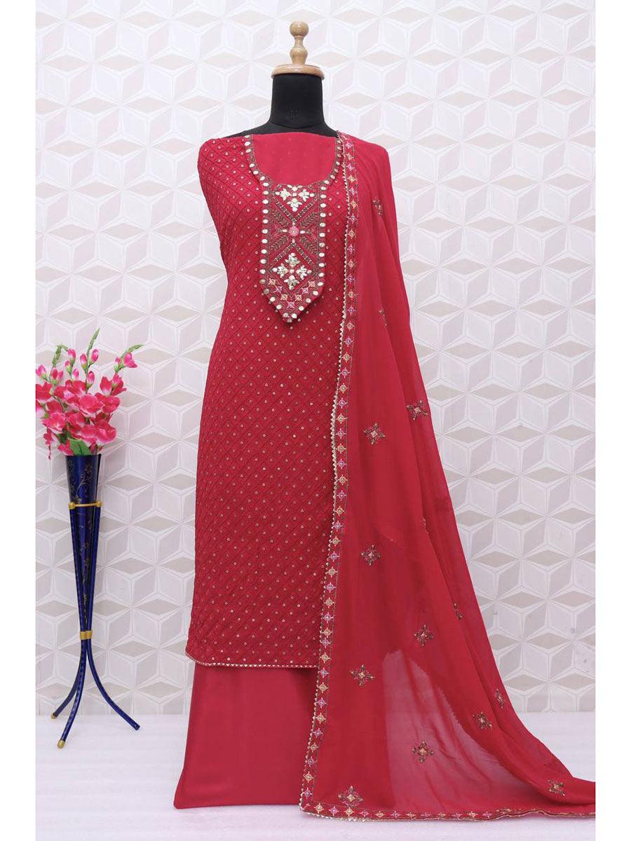 Deep Red Georgette Embroidery Anarkali with Dupatta Set - Indiakreations