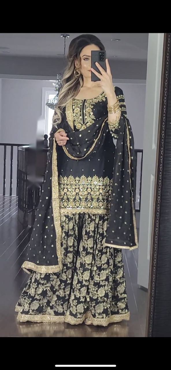 Black And Beige Georgette Embroidery Salwar Suit With Dupatta Set