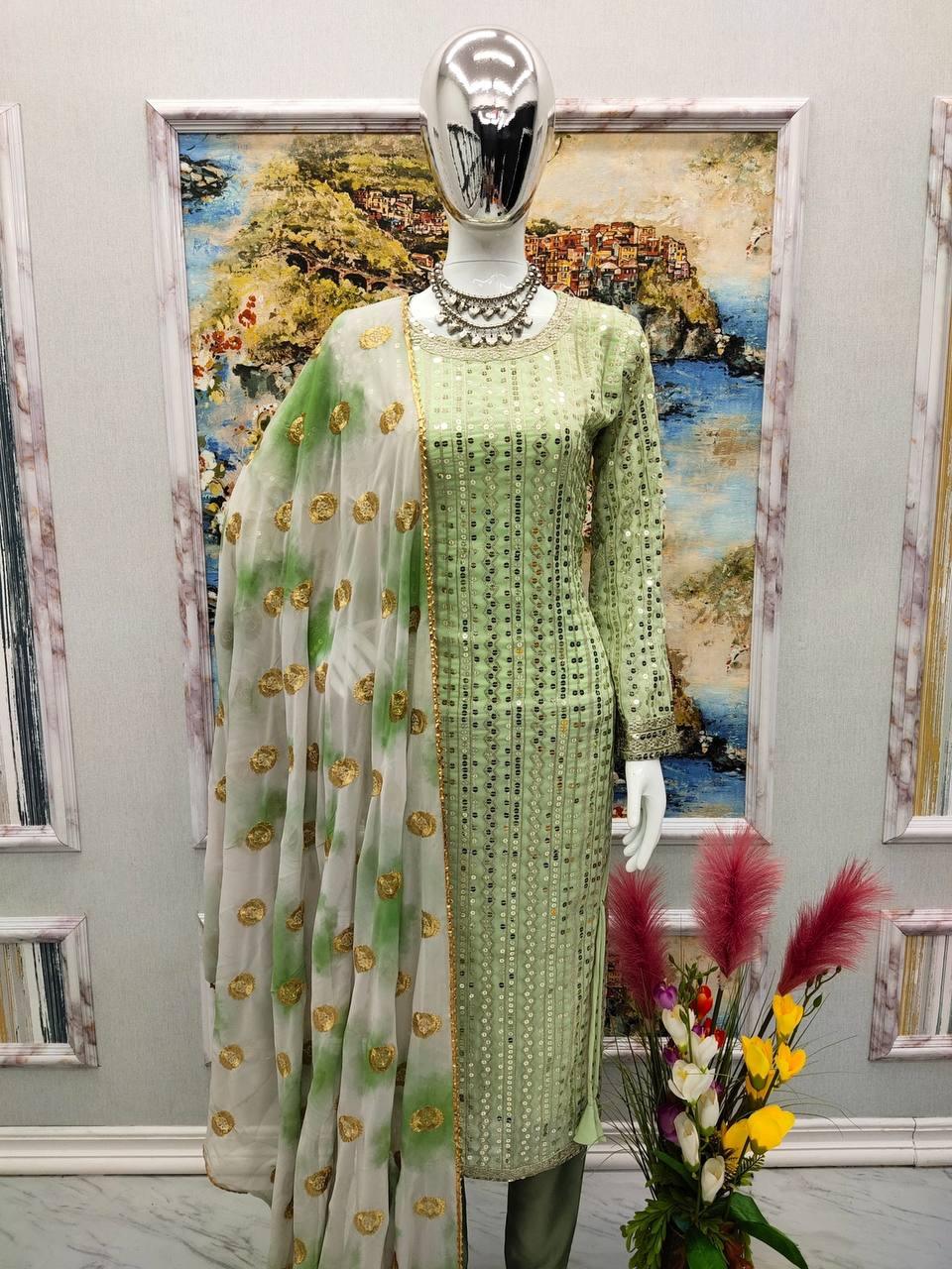 Green Japan Satin Silk Embroidery Salwar Suit with Dupatta - Indiakreations