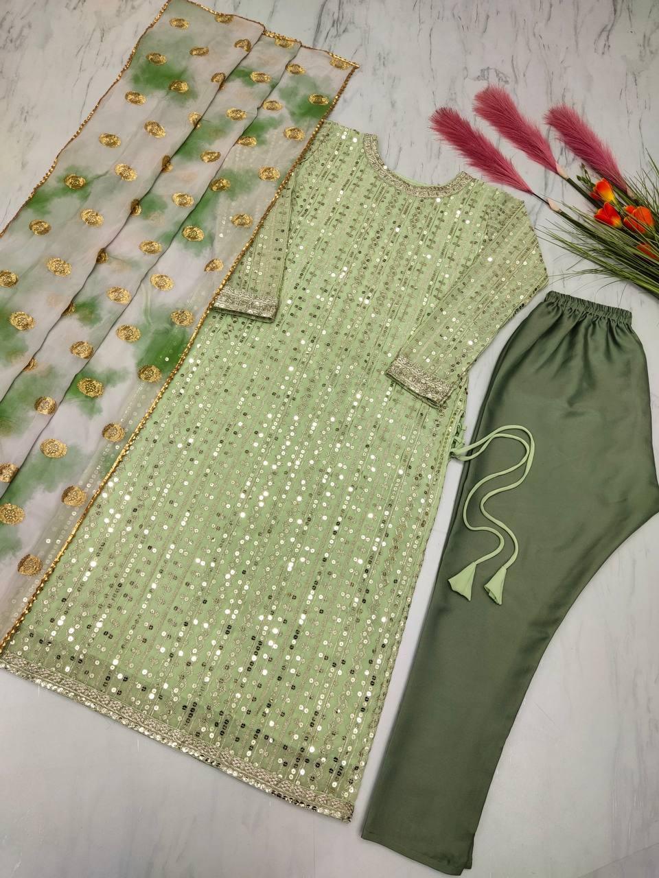 Green Japan Satin Silk Embroidery Salwar Suit with Dupatta - Indiakreations