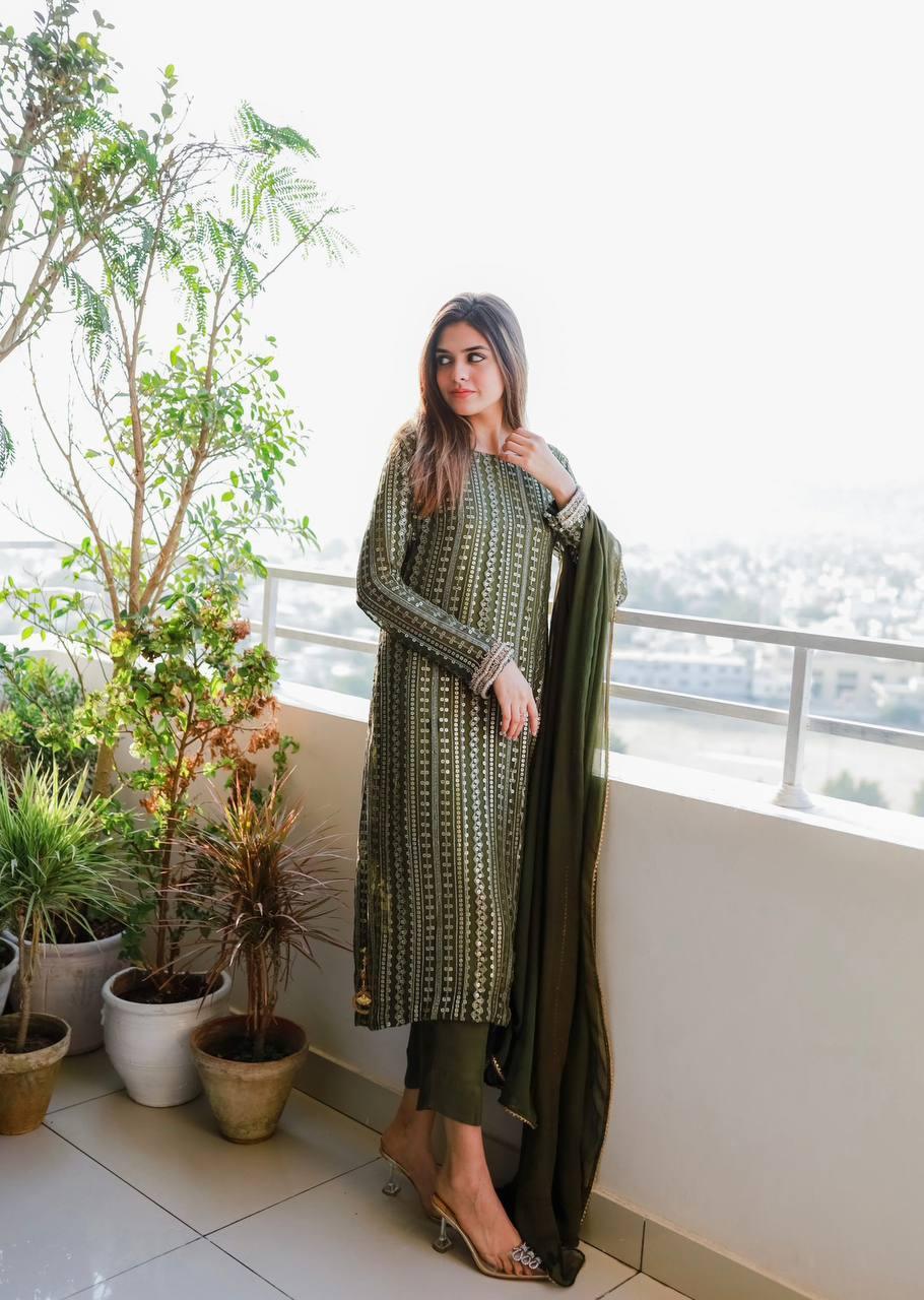 Green Georgette Embroidery Salwar Suit with Dupatta - Indiakreations