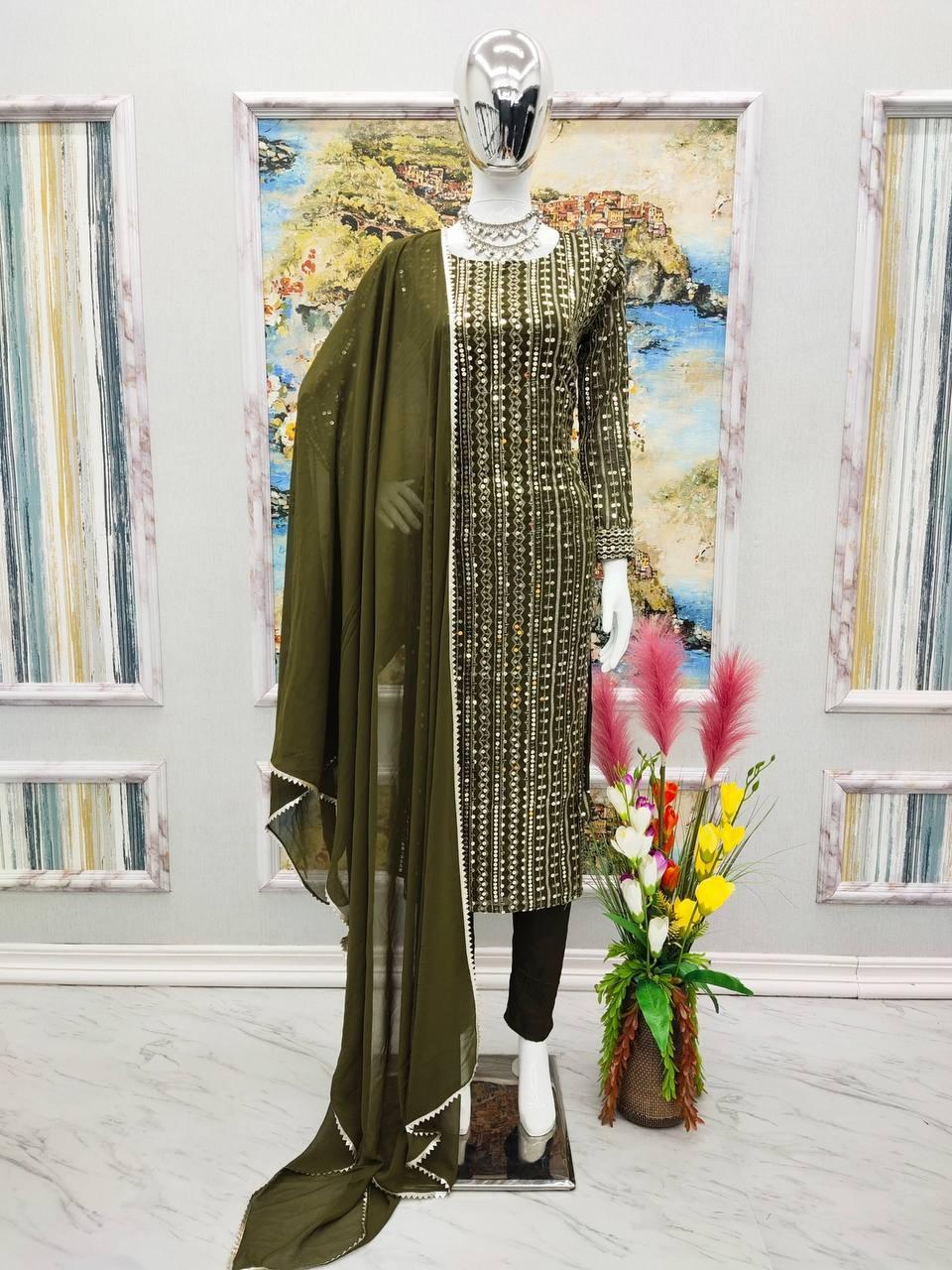 Green Georgette Embroidery Salwar Suit with Dupatta - Indiakreations