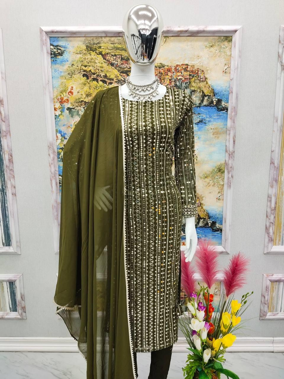 Green Georgette Embroidery Salwar Suit with Dupatta - Indiakreations