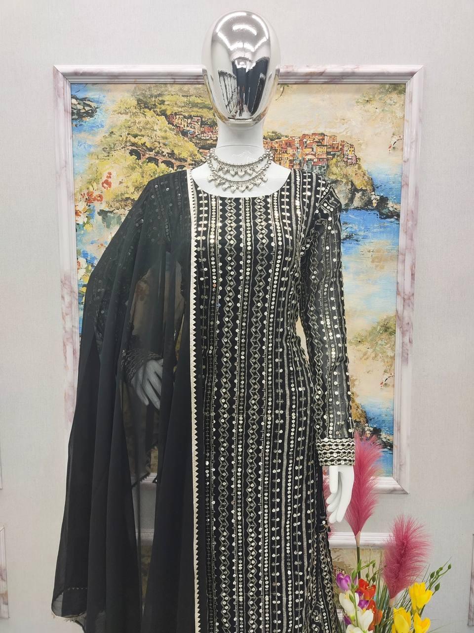 Black Georgette Embroidery Salwar Suit with Dupatta - Indiakreations