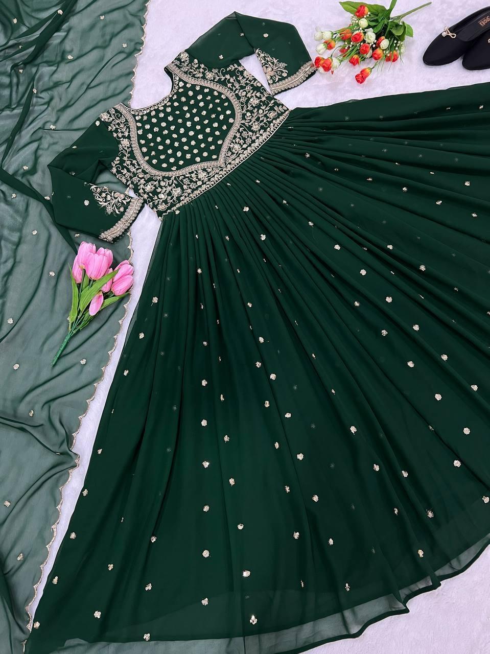 Green Georgette Embroidery Salwar Suit with Dupatta - Indiakreations