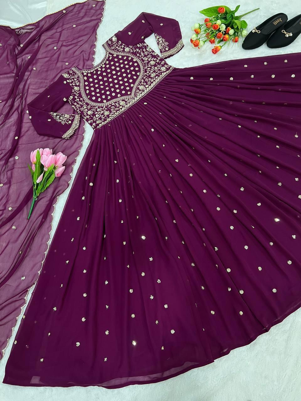 Purple Georgette Embroidery Salwar Suit with Dupatta - Indiakreations