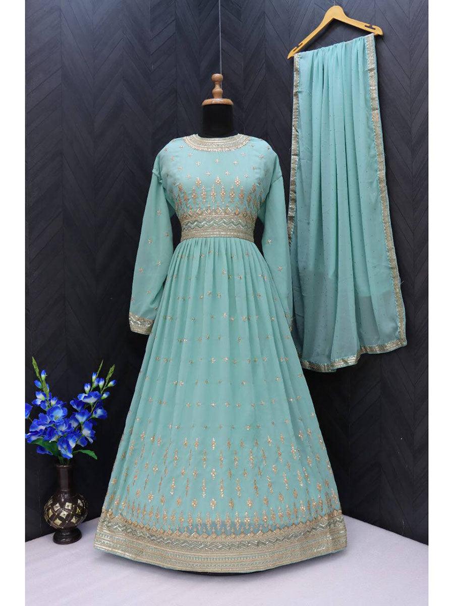 Mint Green Georgette Embroidery Anarkali with Dupatta Set - Indiakreations